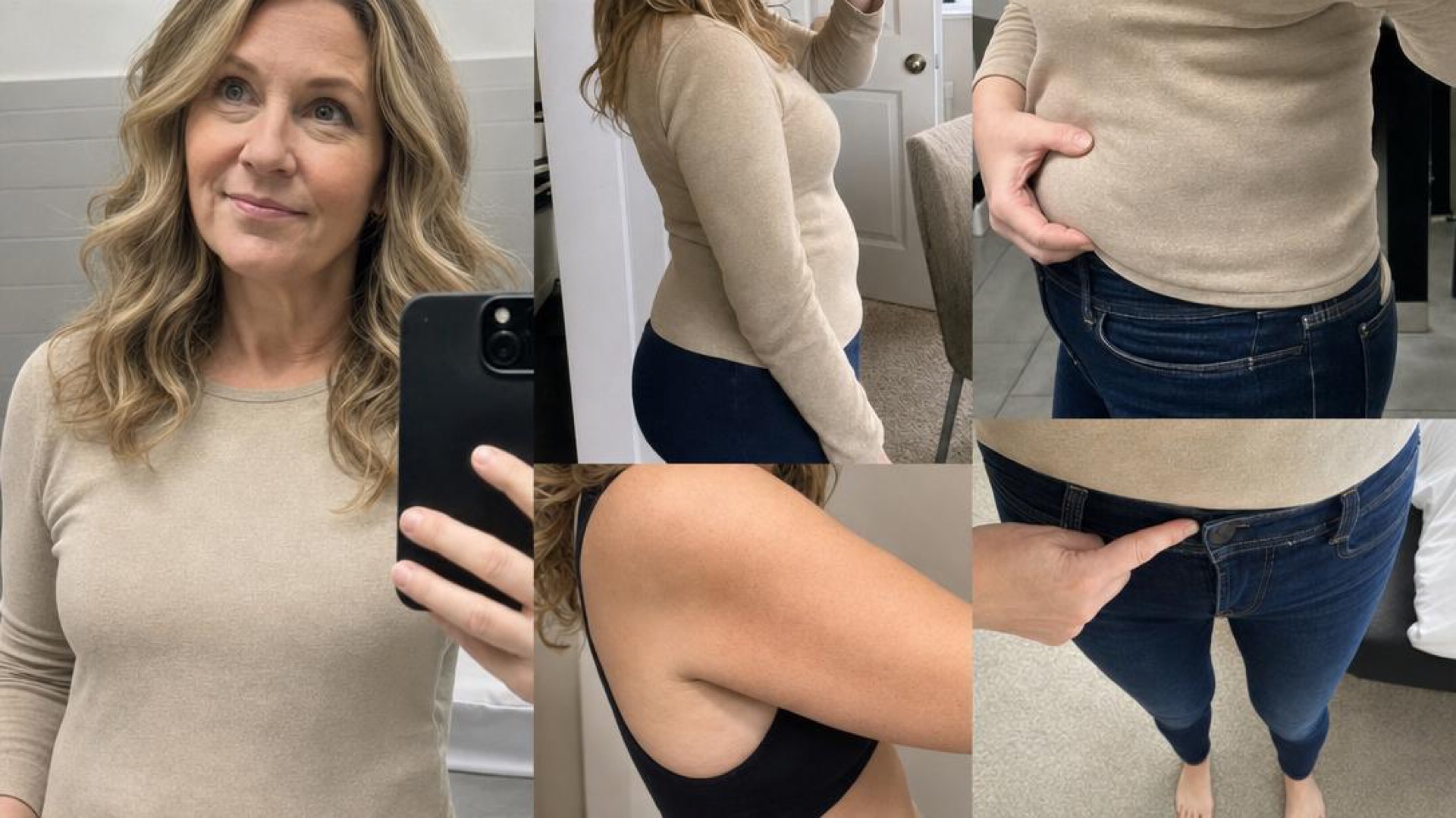 Imperfect iPhone photo collage showing Marcy's puffiness, tight jeans, belly, hips, and arms
