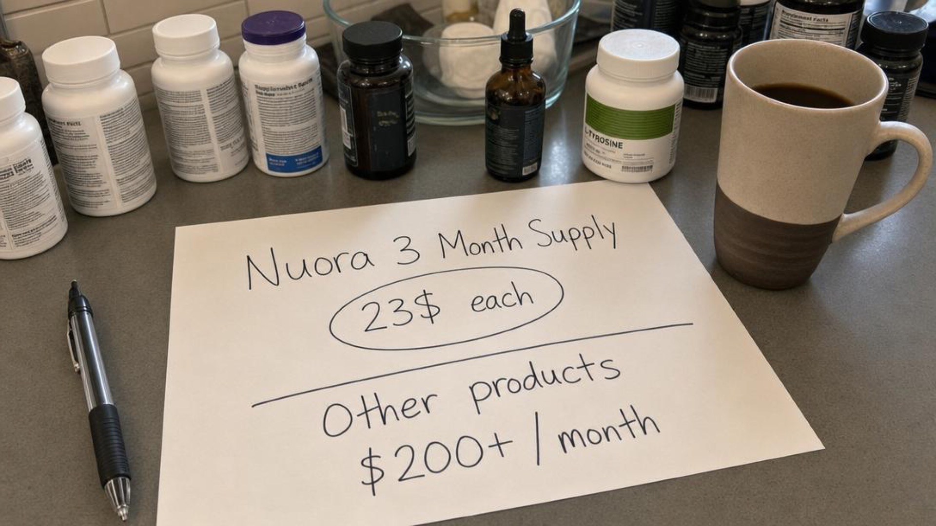 Handwritten note comparing Nuora three month supply cost with other products