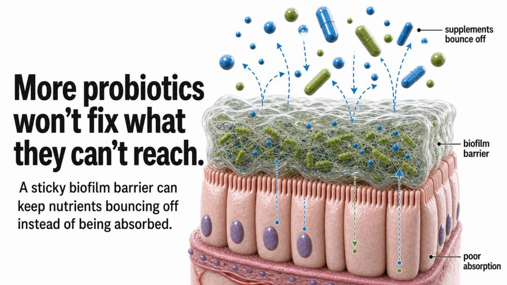 Infographic showing supplements blocked by a biofilm barrier and poor absorption