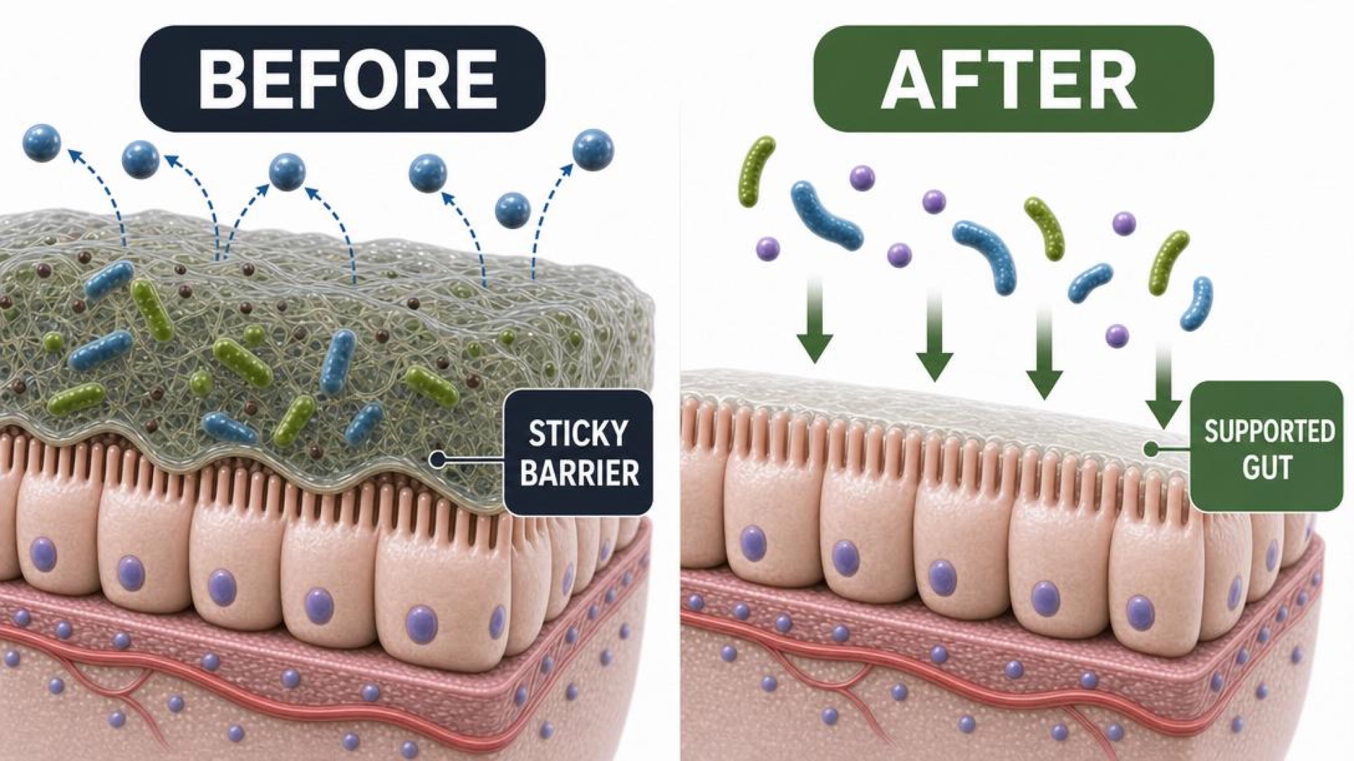 Before and after infographic explaining a biofilm barrier and a supported gut environment