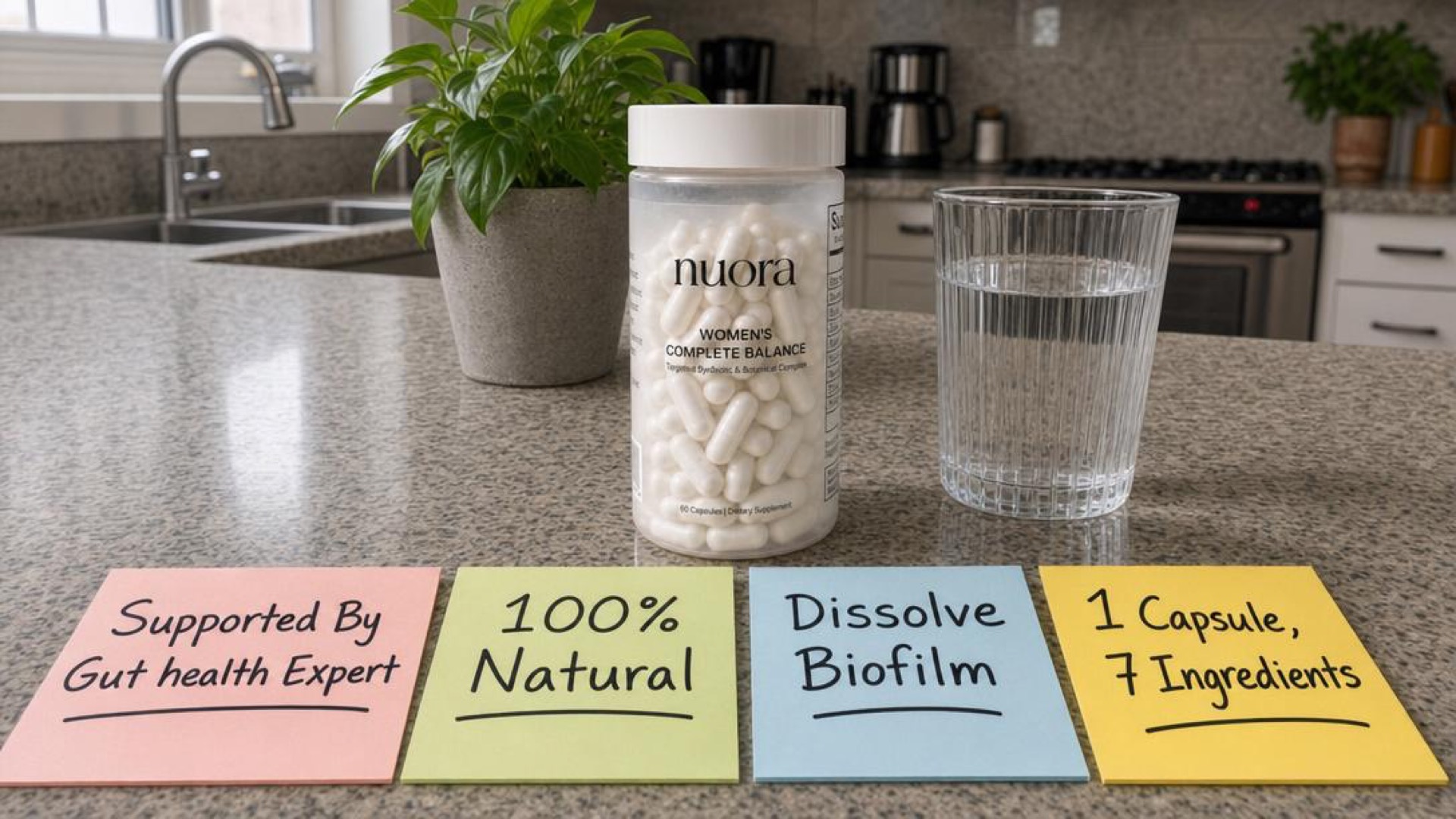 Nuora Gut Ritual bottle on a kitchen counter with handwritten sticky notes
