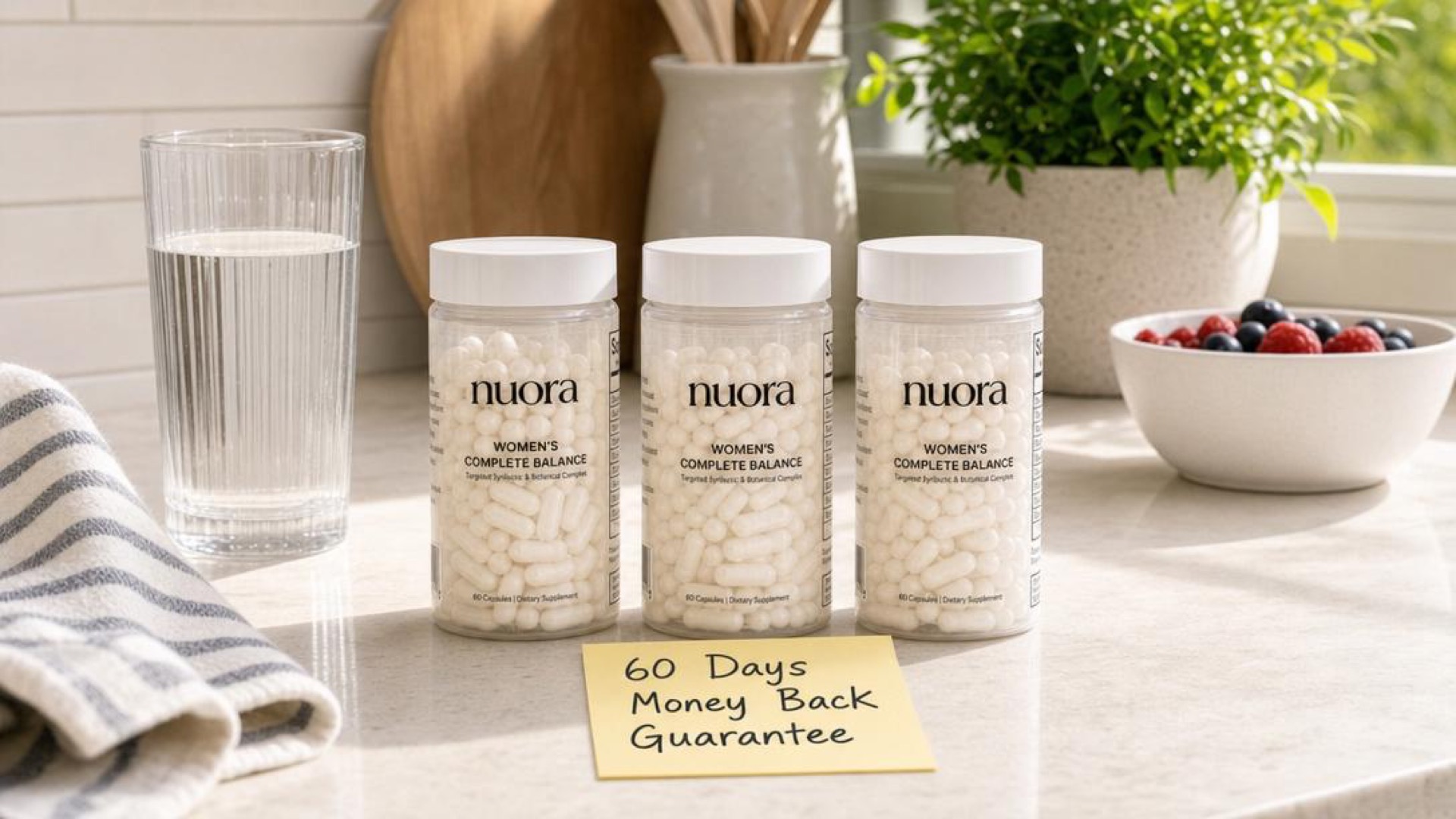 Three Nuora Gut Ritual bottles on a kitchen counter with a money back guarantee sticky note