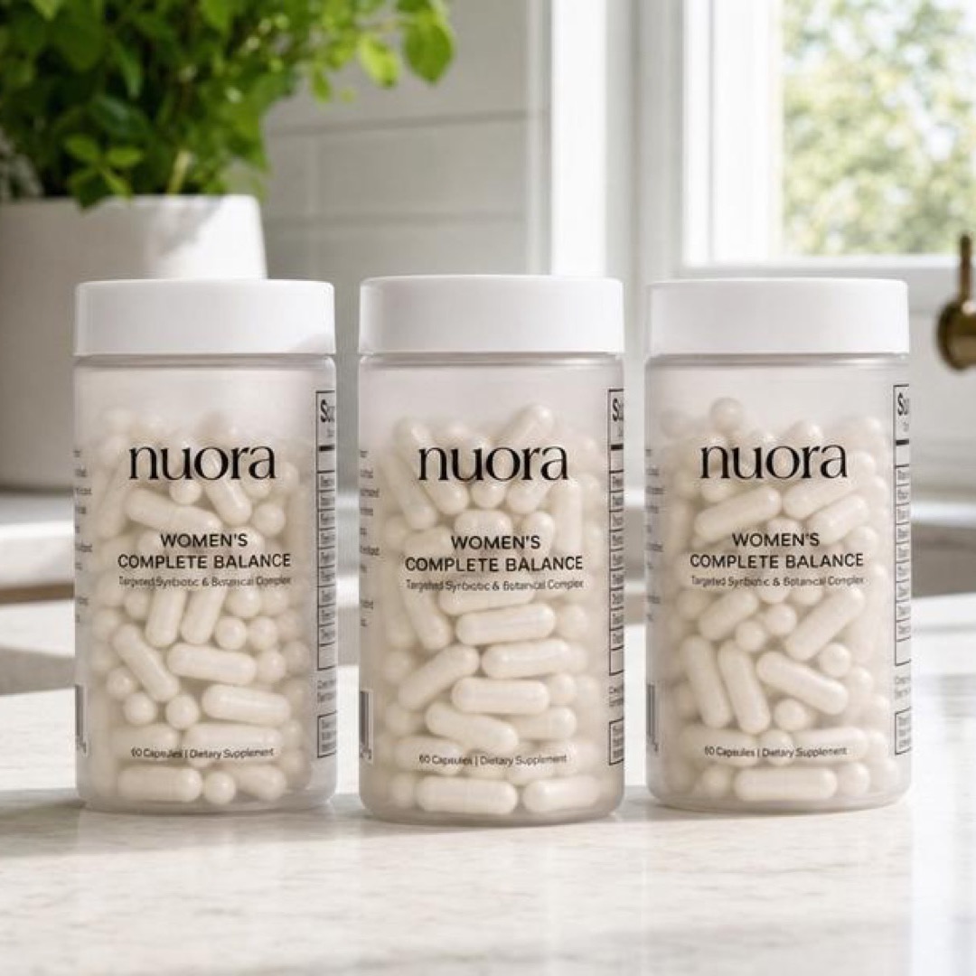 Three Nuora bottles on a bright kitchen counter