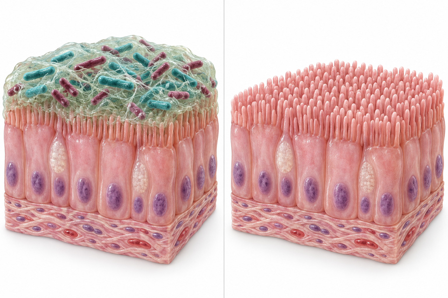 Two matched 3D illustrations of intestinal tissue: on the left, a translucent biofilm containing bacteria covers the surface; on the right, the surface is shown without the biofilm.