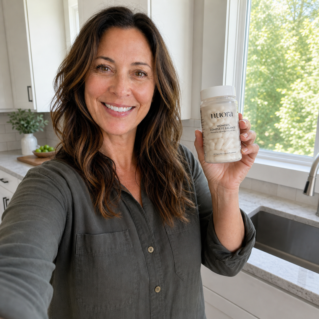 Synthetic UGC-style concept of a smiling woman holding a Nuora supplement bottle