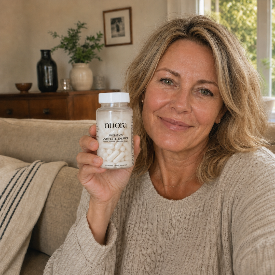 Synthetic UGC-style concept of a relaxed woman holding a Nuora supplement bottle in her living room