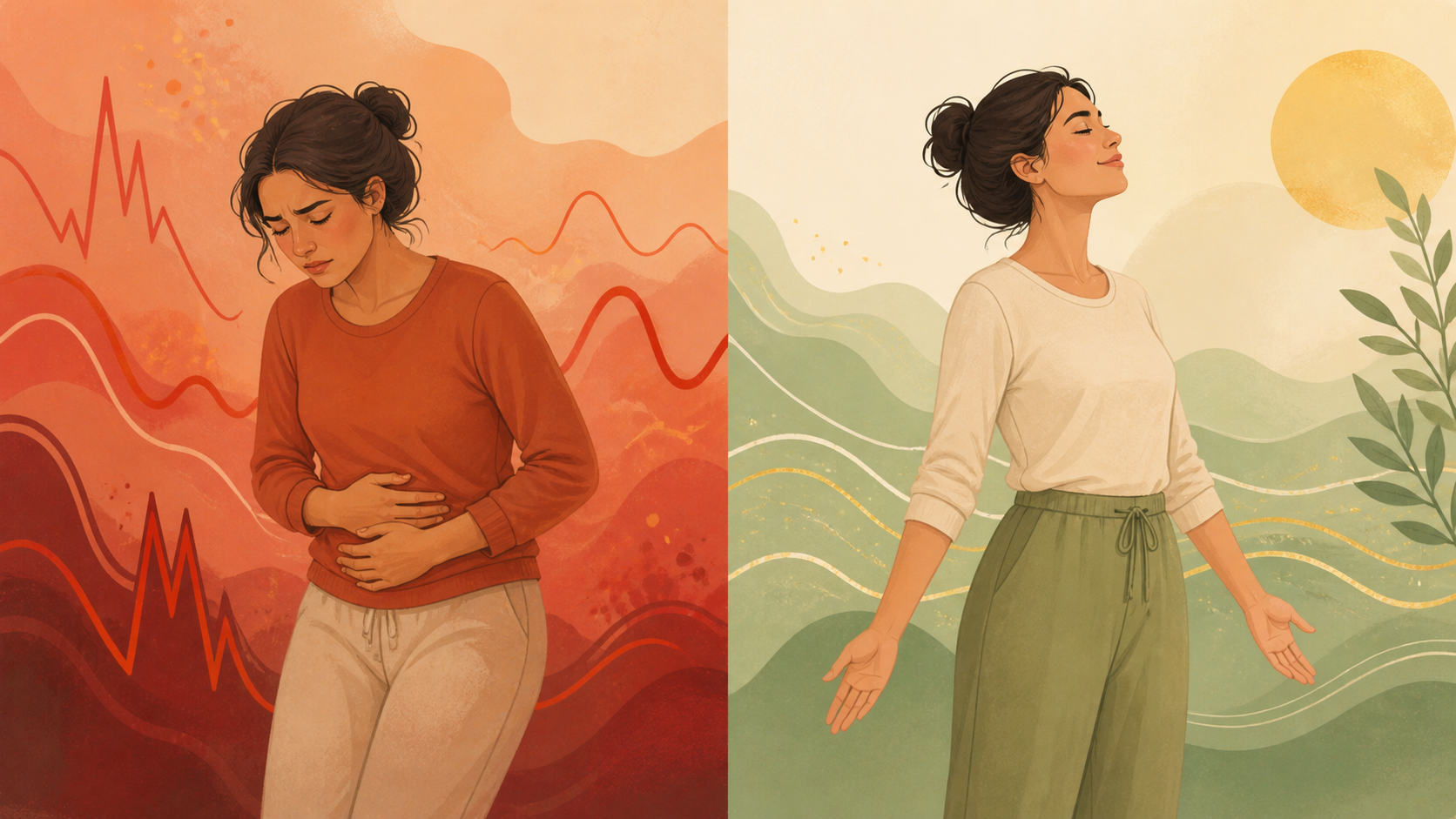 Split illustration contrasting a tired stressed woman with a calm energized woman