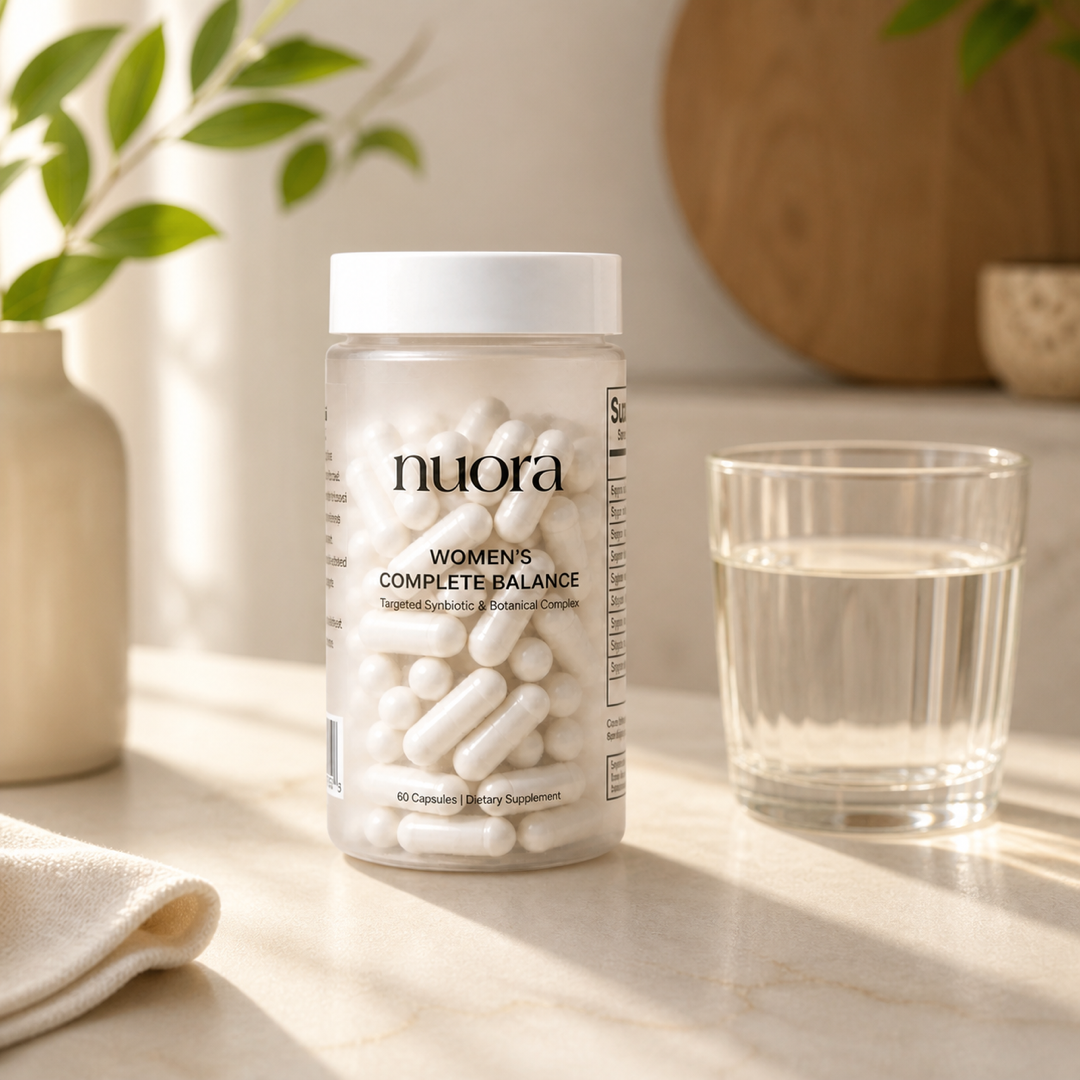 Nuora Women's Complete Balance bottle beside a glass of water in a bright morning setting