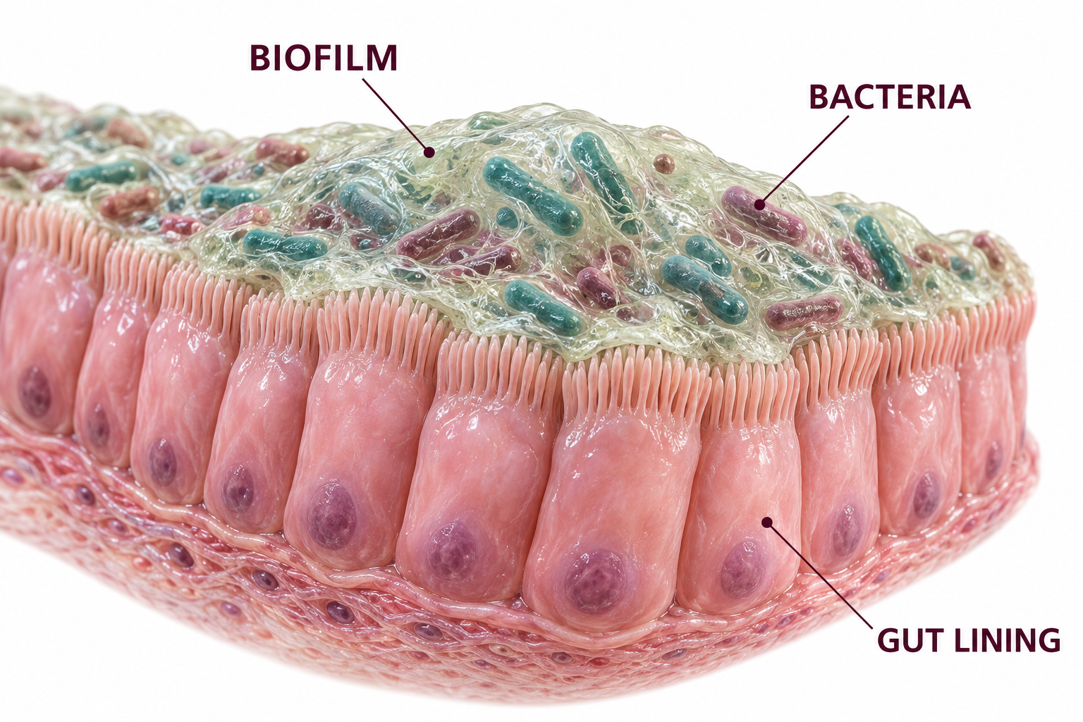 3D illustration of bacteria enclosed in a translucent biofilm matrix above the gut lining