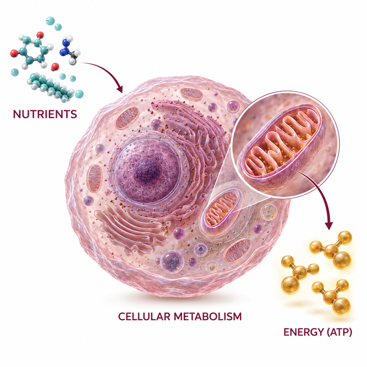 Illustrated flow from nutrients into cellular metabolism, with a magnified mitochondrion and energy in the form of ATP